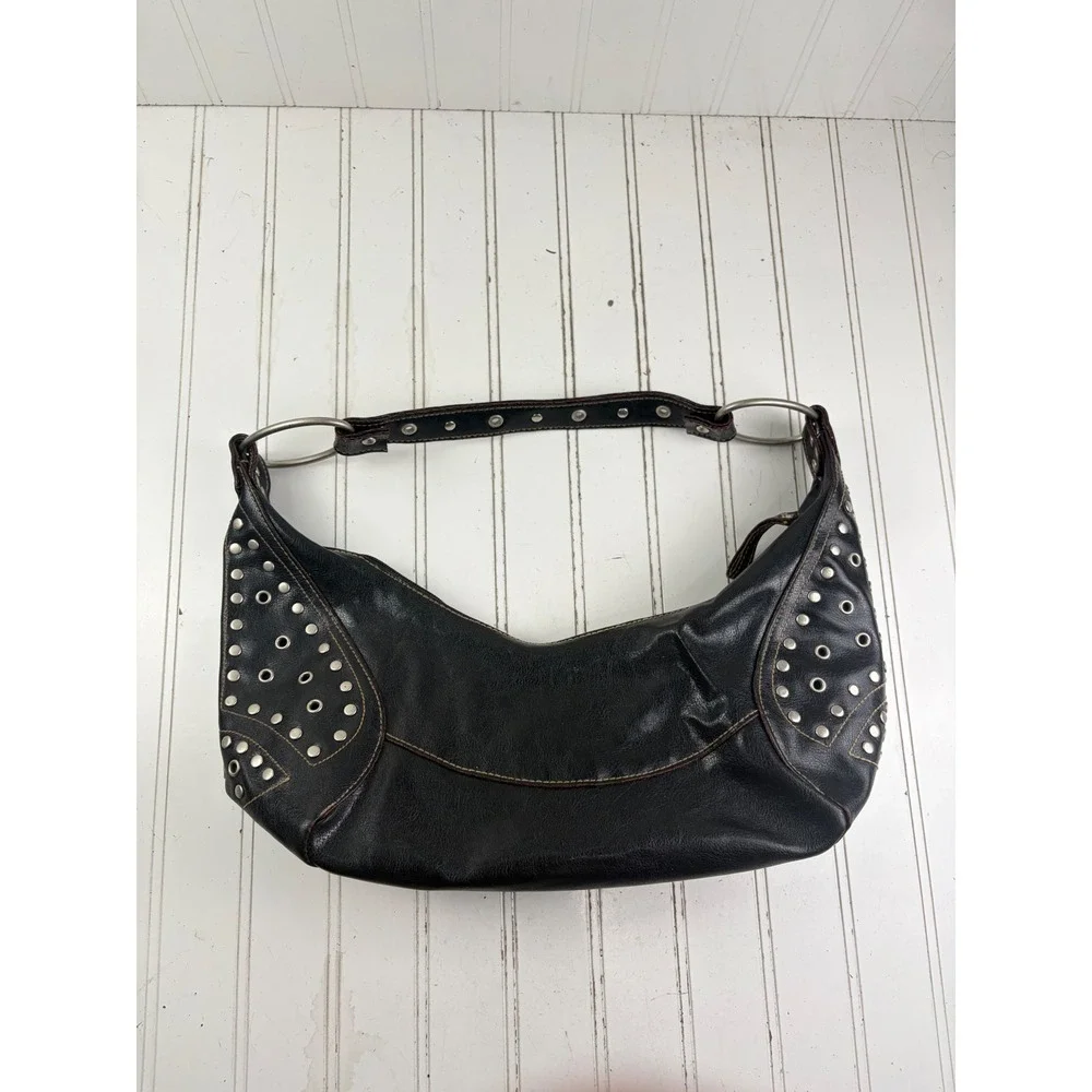 Vintage Y2K Black Leather Studded Punk Edgy Grunge Hobo Shoulder Bag